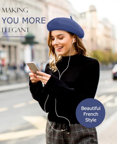 French Beret Hats for Women - Soft Warm Wool Solid Color Beanie Winter Cap - color: Navy Blue
