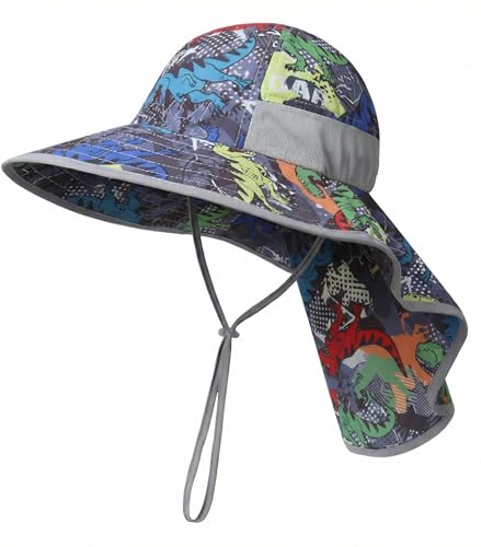 icolor Kids Sun Hat UPF50+ Sun Protection Bucket Hat Toddler Summer Beach Play Hats with Neck Flap for Girl Boy Ages 3~10 - color: Cutedinosaur
