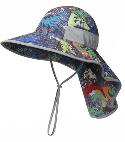 icolor Kids Sun Hat UPF50+ Sun Protection Bucket Hat Toddler Summer Beach Play Hats with Neck Flap for Girl Boy Ages 3~10 - color: Cutedinosaur
