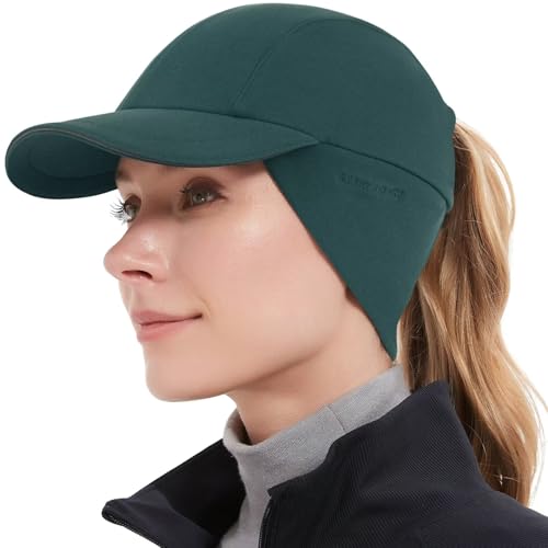 GADIEMKENSD Women's Winter Reflective Fleece Ponytail Hat with Drop Down Ear Warmer - color: Dark Green