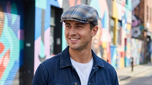 Hats in the Belfry Italia Men's Flat Cap, 100% Linen, Blue Brown Cream Plaid, Made in Italy, Newsboy Style, Casual Wear - color: Blue Plaid, size: X-Large