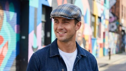 Hats in the Belfry Italia Men's Flat Cap, 100% Linen, Blue Brown Cream Plaid, Made in Italy, Newsboy Style, Casual Wear - color: Blue Plaid, size: X-Large