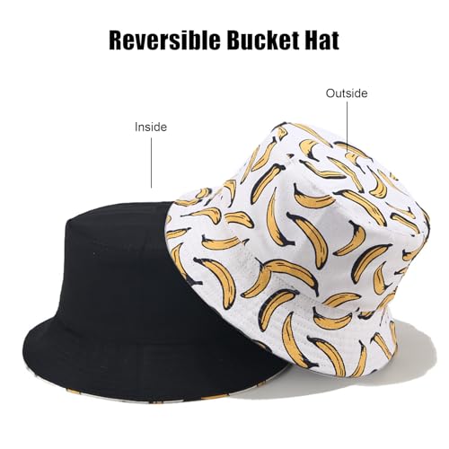 Bucket Hat for Women Men, Cotton Reversible Double Side Wear Sun Hats Beach Fisherman Hat - color: Banana White