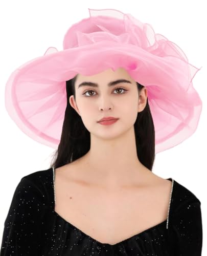 Women's Kentucky Derby Church Dress Hat Wide Brim Leaf Flower Bridal Shower Hat - color: G1-pink