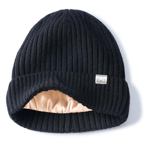 Hat Hut Wool Beanie Satin Lined Winter Hats Slouchy Beanie with Silk Lining Warm Wool Knit Ski Hat Cuffed Cap Women Men - color: Black