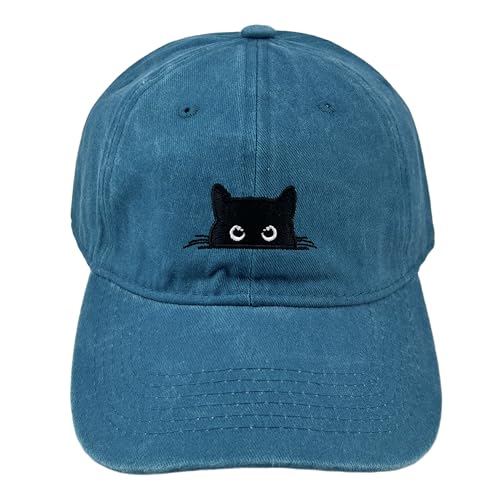 Peeking Black Cat Embroidered Washed Baseball Cap, Adjustable Vintage Dad Hat for Cat Lovers Unisex - color: Sky Blue