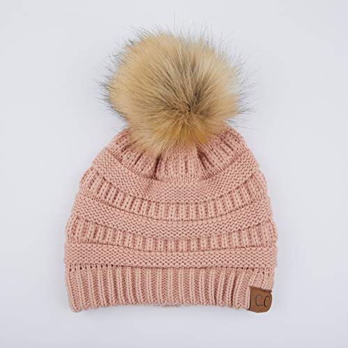 C.C Fur Pom Winter Fall Trendy Chunky Stretchy Cable Knit Beanie Hat - color: Solid Indi Pink
