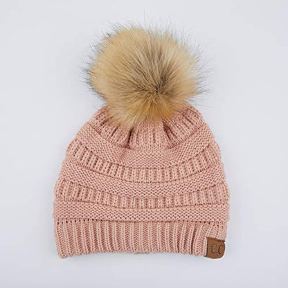 C.C Fur Pom Winter Fall Trendy Chunky Stretchy Cable Knit Beanie Hat - color: Solid Indi Pink