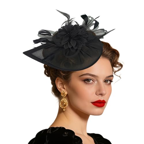Women Vintage Fascinator Hat Flower Feather Mesh Headband Clip Pillbox Headwear for Wedding Tea Party - color: 01 Black