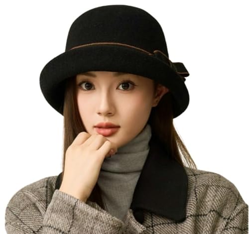 Women Vintage Felt Cloche Hats Winter Fall Solid Fedora Bucket Caps Elegant Bowler Hat Bowknot - color: Black
