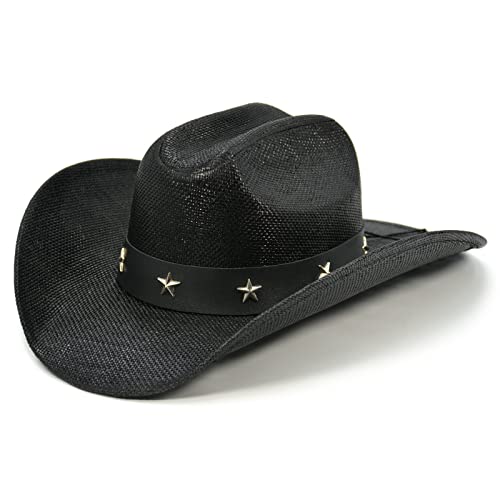 FLUFFY SENSE. Cowboy Hat for Women and Men - Straw Cattleman Crease Western Hats with Upgrade 4 inches Shapeable Wide Brim - color: Black