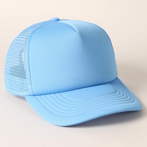 MIRMARU 5 Panels Blank Foam Front Two Tone Solid Trucker Mesh Back Baseball Cap with Adjustable Snapback Strap - color: Solid-sky Blue