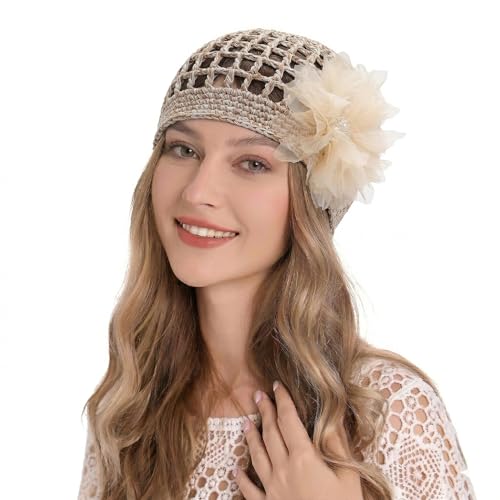 ZLYC Women Crochet Beanie Hat Summer Handmade Knit Decorated Skull Cap - color: Floral Khaki