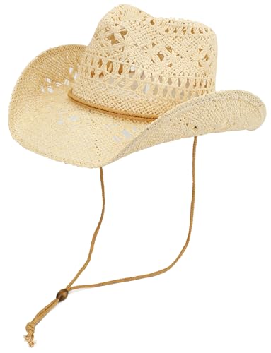 Straw Cowboy Hat for Women and Men with Shapeable Wide Brim Sun Beach Western Cowgirl Hat - color: Beige