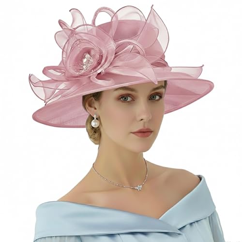 AQOKKA Women Organza Church Fascinators Kentucky Derby Hats for Women and Girls Wedding Flower Tea Party Hat with Wide Brim - color: Organza Rose : Blush Pink