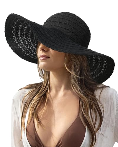 Sun Beach Hats Women Floppy Summer Sunhat with Wide Brim Packable Foldable Travel Accessories - color: Black, size: Medium