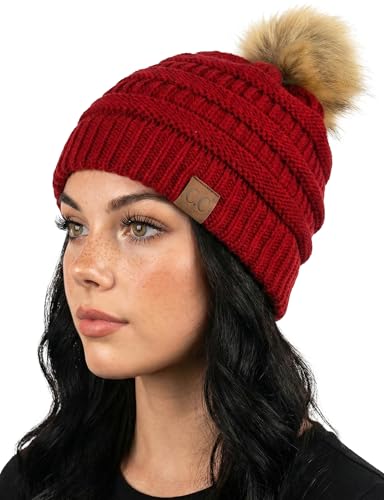 Funky Junque Cozy Ribbed Beanie with Luxurious Faux Fur Pom Pom - Warm Cable Knit Winter Skull Cap - color: Red W/Natural Pom