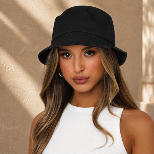 Bucket Hat for Women Men, Reversible Cotton Summer Sun Beach Cap Solid Color Style - color: A-black