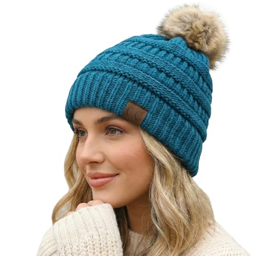 C.C Trendy Fuzzy Fleece Lined Warm Comfortable Soft Stretch Cable Knit Ribbed Faux Fur Pom Pom Beanie Hat - color: Teal Blue