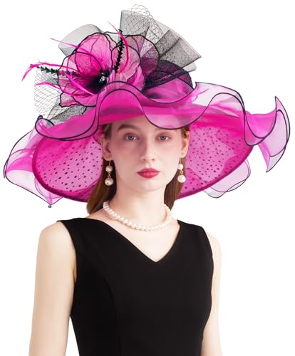 Organza Church Derby Hats for Women Wedding Tea Party Fascinator Floral Wide Brim Sun Hat - color: Style07 Fuchsia Black