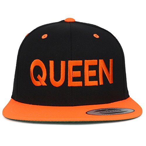 Trendy Apparel Shop Queen Embroidered Flat Bill 2-Tone Ball Cap - color: Black Orange