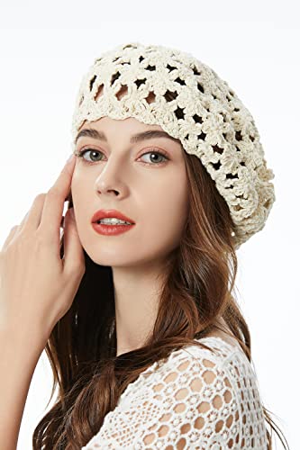 ZLYC Women Cotton Slouchy Crochet Beret Handmade Cutout Floral Beanie Hat - color: Beige