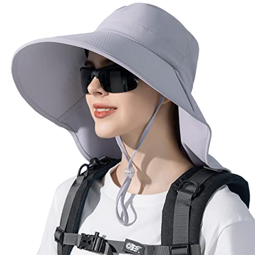 HUAMULAN Women Wide Brim Summer Sun Hat Ponytail Hole with Neck Flap - color: Bg8112-lightgray