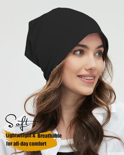 ROYBENS 100% Cotton T-Shirt Beanie for Women Men Slouchy Soft Skull Cap - color: 2pcs-black, Black