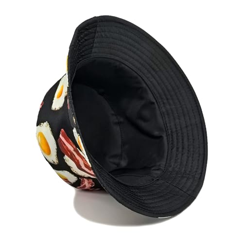 Printed Bucket Hat - Reversible Packable Summer Travel Beach Sun Cap for Men Women Teens - color: Bacon Egg