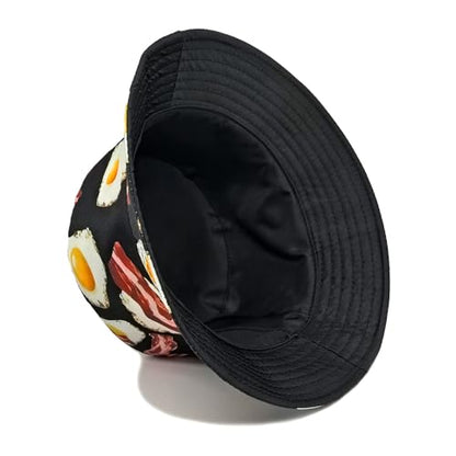 Printed Bucket Hat - Reversible Packable Summer Travel Beach Sun Cap for Men Women Teens - color: Bacon Egg