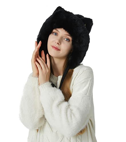 HUAMULAN Women Winter Sherpa Knit Beanie Hat Fleece Lined Ear Flaps - color: Black Solid