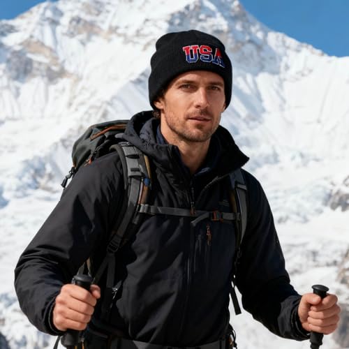 American Flag Beanie, USA Embroidered Winter Hat for Women Men - color: Usa-black