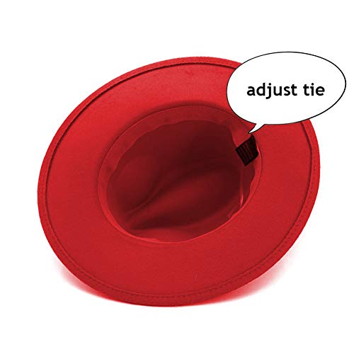 Lady Wide Brim Felt Fedora Panama Hat with Ring Belt - color: Red, size: Medium