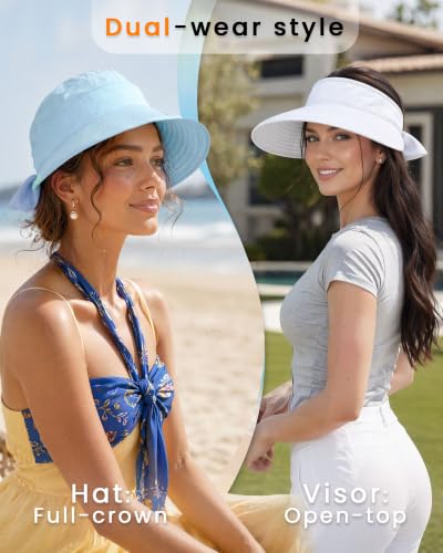 CHUNG 2 Pack Women Sun Visor Hat Wide Brim Summer UV Protection Zip-Off - color: White/Light Blue