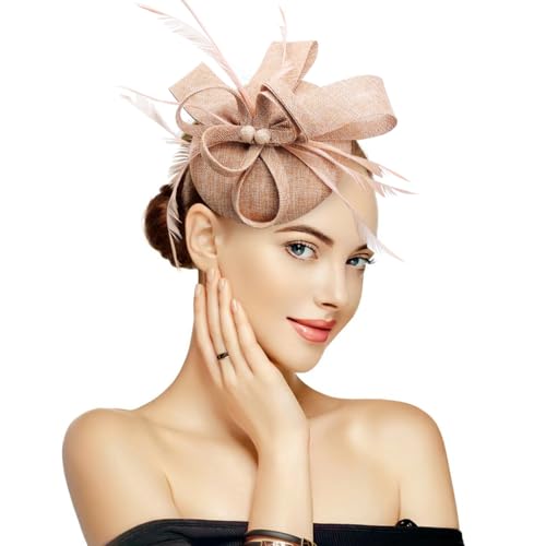 Specell Women's Handmade Tea Party Fascinator Hat, Pillbox Derby Hat with Feather Hair Clip, Elegant Formal Fashion Headwear. - color: A-a-champagne