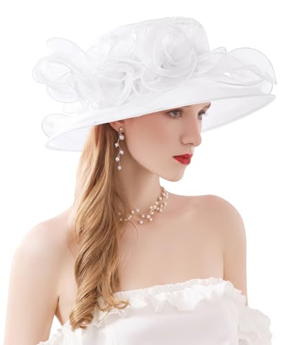 Women Derby Fascinator Hat Organza Church Wedding Hats Wide Brim Cocktail Tea Party Hat - color: 12 White