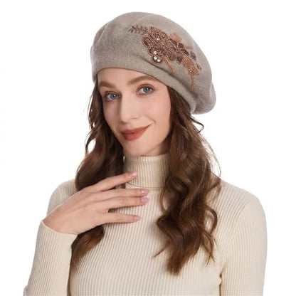 ZLYC Women French Beret Hat Reversible Knit Thickened Warm Artist Cap - color: Embroidered Flower Coffee