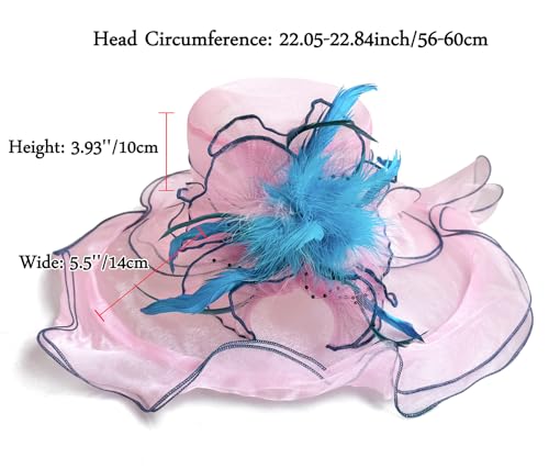 Women Derby Fascinator Hat Organza Church Wedding Hats Wide Brim Cocktail Tea Party Hat - color: 36pink Blue