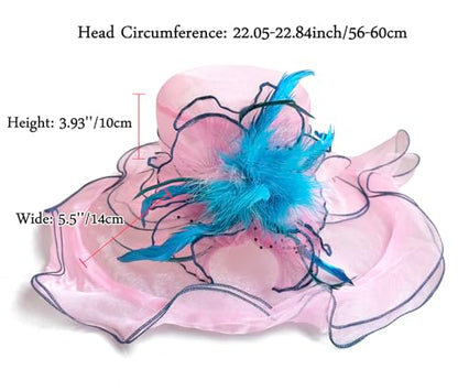 Women Derby Fascinator Hat Organza Church Wedding Hats Wide Brim Cocktail Tea Party Hat - color: 36pink Blue