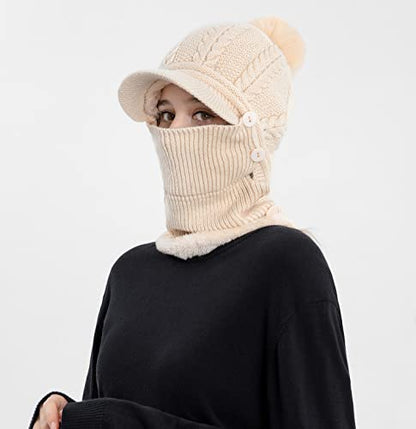HUAMULAN Women Cable Knit Balaclavas Winter Fleece Lined Beanie Hat - color: Beige With Pompom