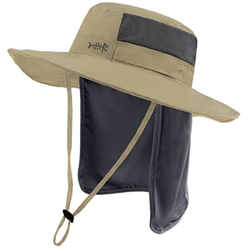 BASSDASH UPF 50+ Sun Fishing Hat Water Resistant with Detachable Neck Flap - color: Dark Khaki