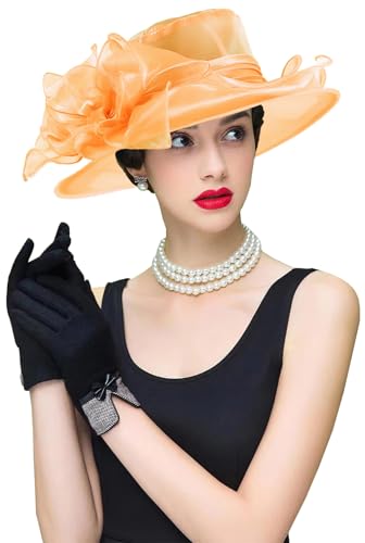 Women's Kentucky Derby Church Dress Hat Wide Brim Leaf Flower Bridal Shower Hat - color: S8 Orange