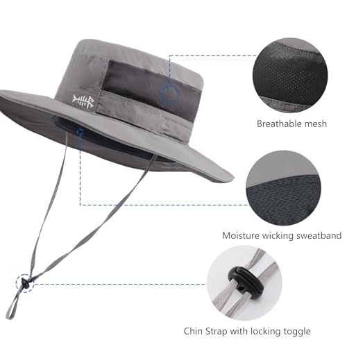 BASSDASH UPF 50+ Fishing Sun Hat Water Resistant Unisex Wide Brim Bucket Boonie Hat for Hiking Camping Safari FH15 - color: Light Grey, size: Large