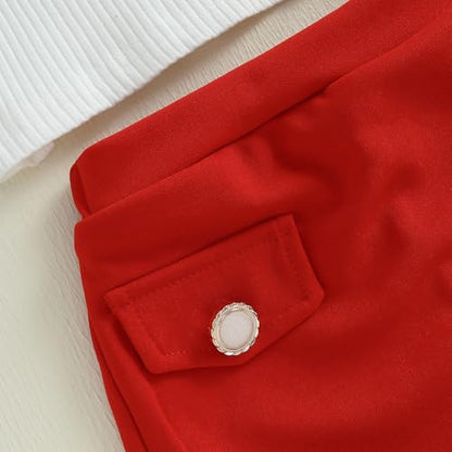 Baby Girls Fly Sleeve 3D Bow Rib Knit Shirt + Irregular Skorts + Beret Hat - color: Red, size: 6-9 Months