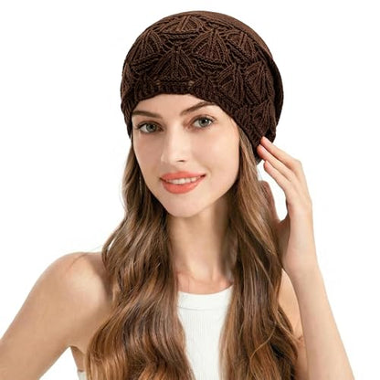 ZLYC Crochet Slouchy Beanie for Women Soft Lightweight Skull Cap - color: Solid Coffee