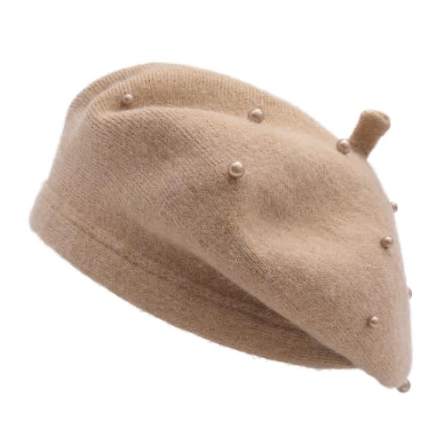 ZLYC Women French Beret Hat Winter Knitted Stretchable Beret Artist Cap - color: Pearls Camel