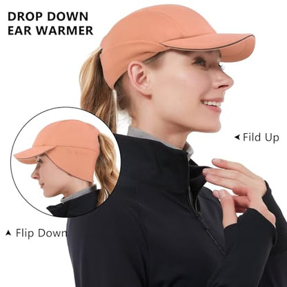 GADIEMKENSD Women's Winter Reflective Fleece Ponytail Hat with Drop Down Ear Warmer - color: Orange