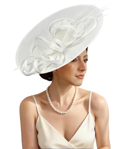 Unpifolov Fascinators Hats Elegant Women Flower Mesh Feathers Wedding Cocktail Bride Headband for Derby Hat Tea Party - color: White