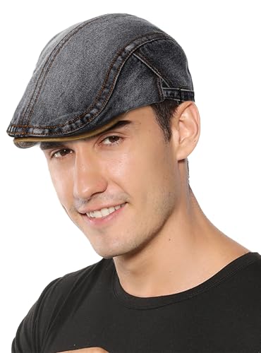 SEAUR Denim Newsboy Hats for Men Adjustable Flat Ivy Gatsby Cabbie Driving Beret Hat Breathable Cotton Golf Cap Unisex - color: Black