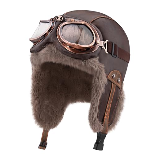 Peicees Leather Aviator Hat and Goggles Vintage Pilot Cap- Winter Fur Hat with Earflaps Pilot Costume Adult Men Women - color: Deep Brown